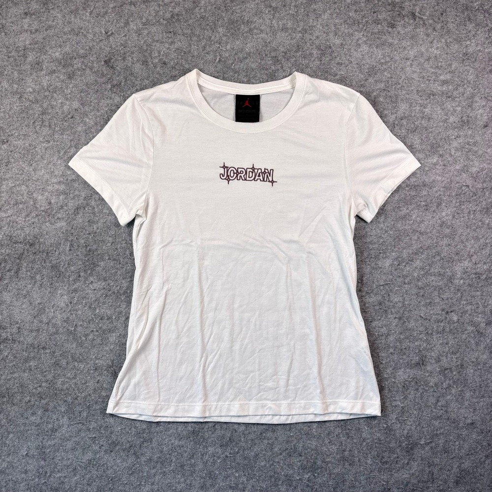 Jordan Brand White Slim Fit T-Shirt Purple Embroidered Gothic Logo Womens Small